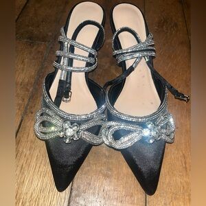 Maliqi Stiletto Heels Black Rhinestone Open Back Embellished Strap Sz 8 250mm